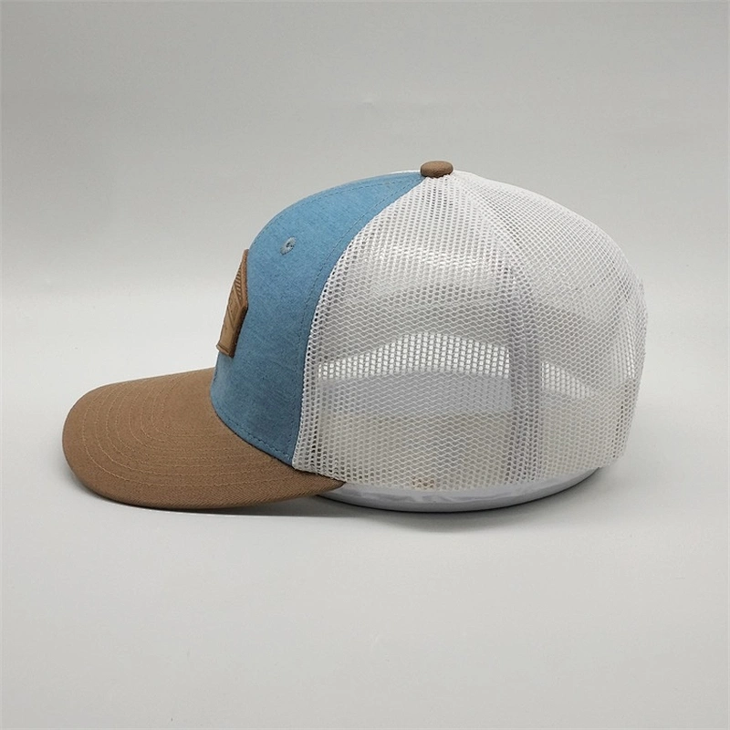OEM Customised Logo Vintage Snap Back Caps Leather Aplique Cotton Mesh Gorra Trucker Hats With Patch