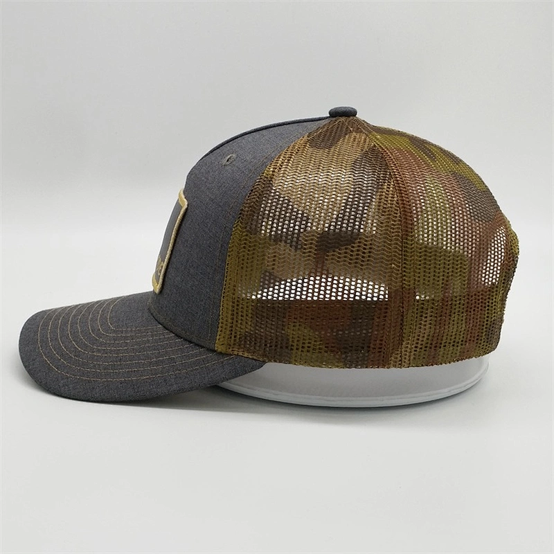 Man Custom 5 Panel Embroidery Caps Camo Trucker Mesh Hat With Woven Patch