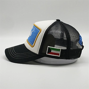 2020 White Black Trucker  blue Cap,Truck Hat 5 Panel Design Gold Embroidery,Little Curve brim Foam Sun Cap