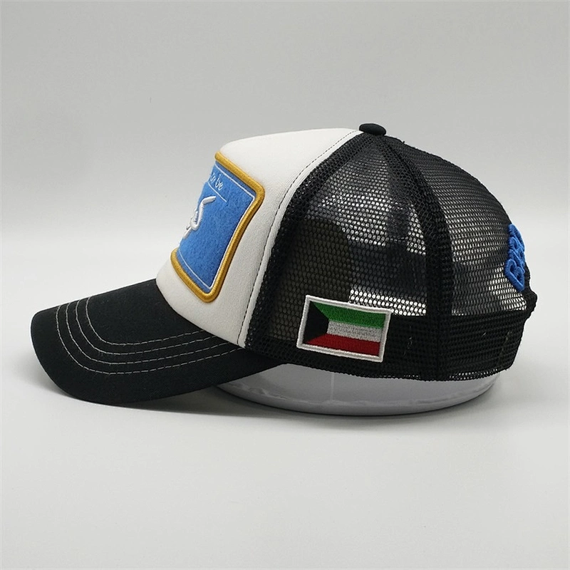 2020 White Black Trucker  blue Cap,Truck Hat 5 Panel Design Gold Embroidery,Little Curve brim Foam Sun Cap