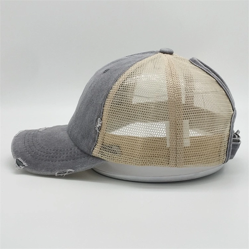 Custom Distressed Vintage Cotton Two Tone  Unstructrured 6panel Worn Out Ponytail Hat Baseball Trucker Mesh Caps