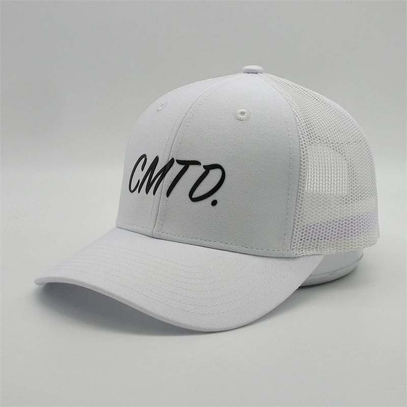 High Quality Customised 6 Panel White Rubber Logo Snap Back Truckers Mesh Hat Cap