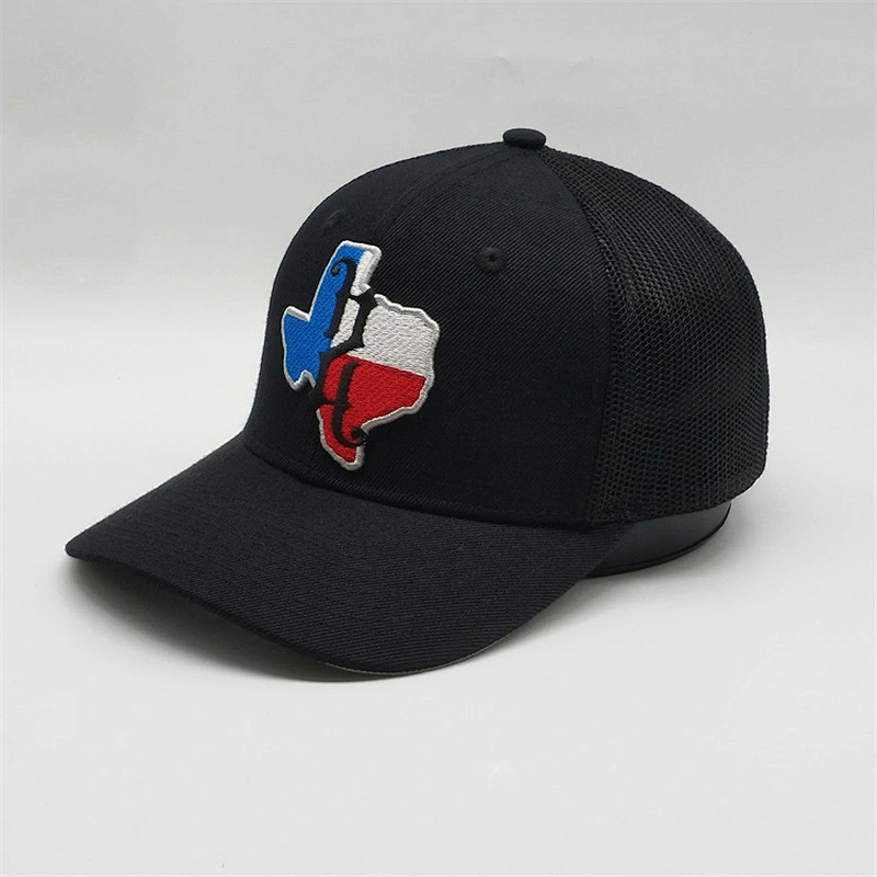 Customized Pure Black Cotton Puff Embroidery Caps Plastic Snapback Mesh Trucker Hat With Embroidered Patch