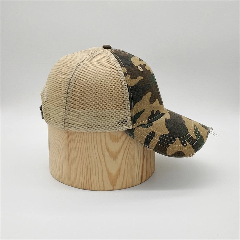 Custom Design Distressed Brim 6 Panel Cheap Mesh Blank Camo Trucker Baseball Cap Hats