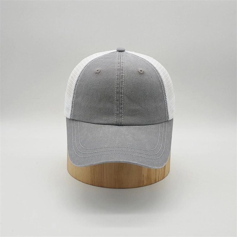 Custom Cheap Plain Worn-Out 6 Panel Curved Brim Snap Back Mesh Trucker Cap Baseball Hat