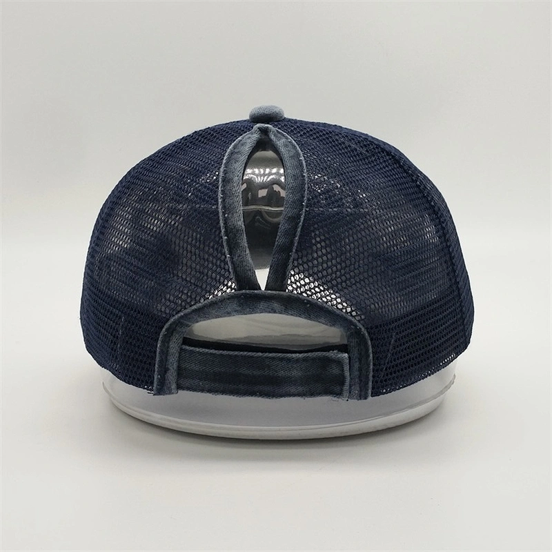 2019 New Custom High Ponytail Distressed Washed Vintage Hat Black Mesh Fabric Breathable Trucker Cap