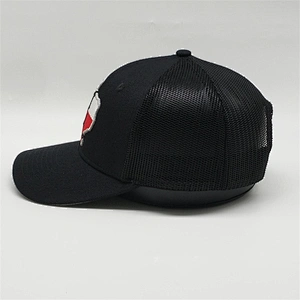 Customized Pure Black Cotton Puff Embroidery Caps Plastic Snapback Mesh Trucker Hat With Embroidered Patch