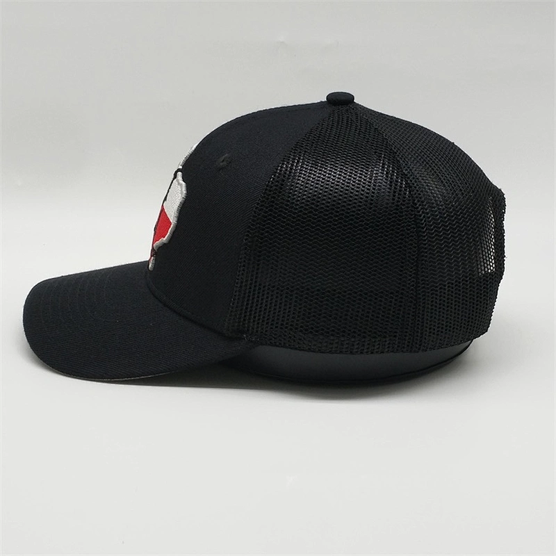 Customized Pure Black Cotton Puff Embroidery Caps Plastic Snapback Mesh Trucker Hat With Embroidered Patch