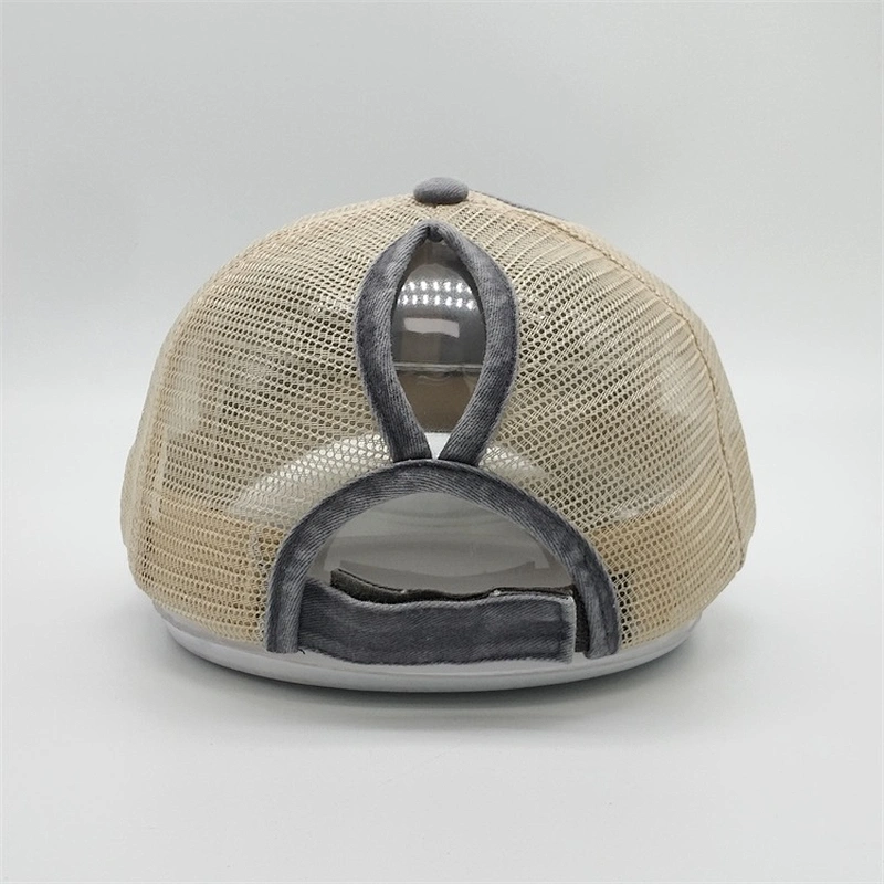 Custom Distressed Vintage Cotton Two Tone  Unstructrured 6panel Worn Out Ponytail Hat Baseball Trucker Mesh Caps