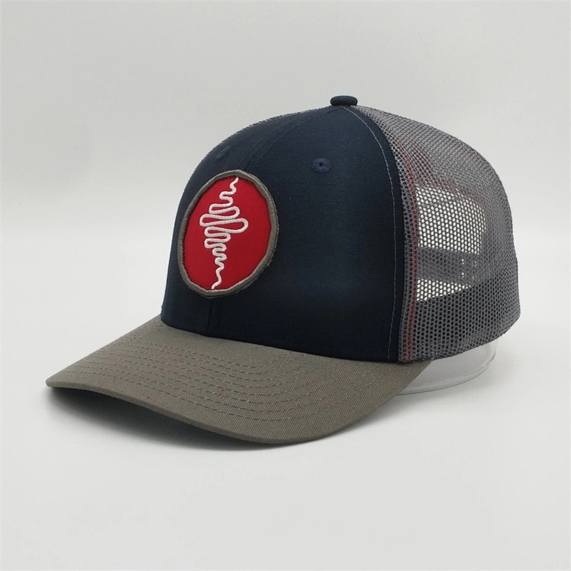 High Quality Basic Custom Grey Sun Embroidery Logo Double Snap Back Closure Cap Trucker Hat With Patch