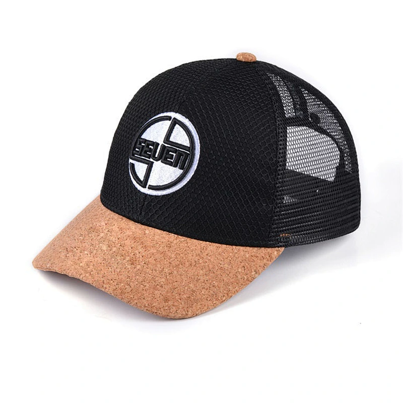 Factory Price Custom Black Mesh Snapback Cap 3d Puff Embroidery Wooden Cork Bill Trucker Hat With Logo