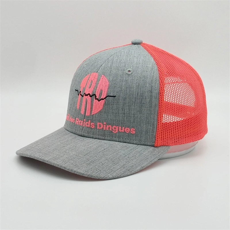 Wholesale 6 Panel Mesh Trucker Cap,Adjustable Heather Grey Snapback Hat,Custom Flat Embroidered Trucker Caps