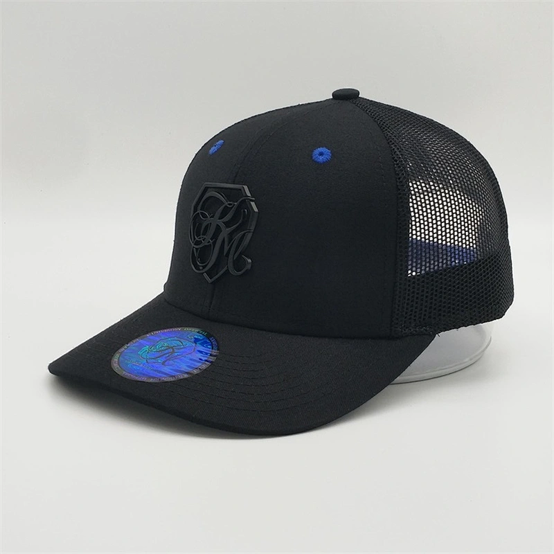 2019 High Quality Custom 6 Panel Mesh Black Metal Logo Baseball Trucker Hats Cap With Blue Label Sticker