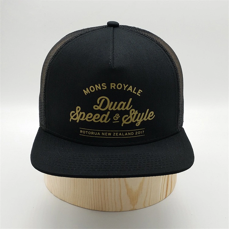 China Factory Custom 5 Panel Black Printed Mesh Snapback Hats