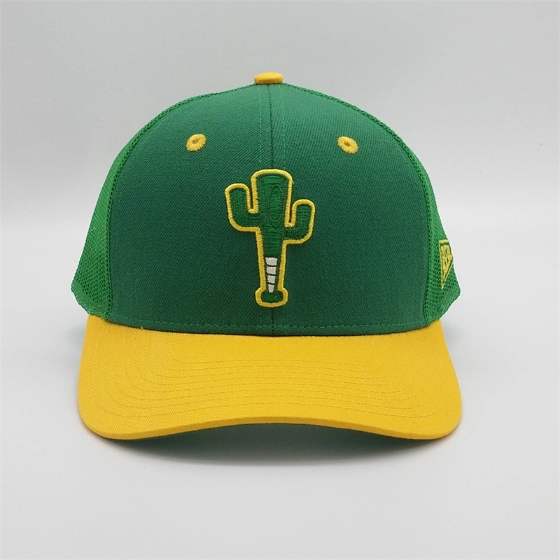 Custom 6 Panel 3d Puff Embroidery Snapback Hat,Adjustable Mesh Yellow Baseball Cap,Green Underbrim Two Tone Golf Trucker Hat