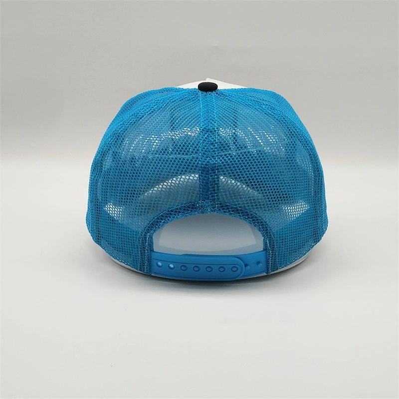 Customized Plain 5 Panel Snap Backs Embroider Blue Cotton Mesh Trucker Hats With Logo