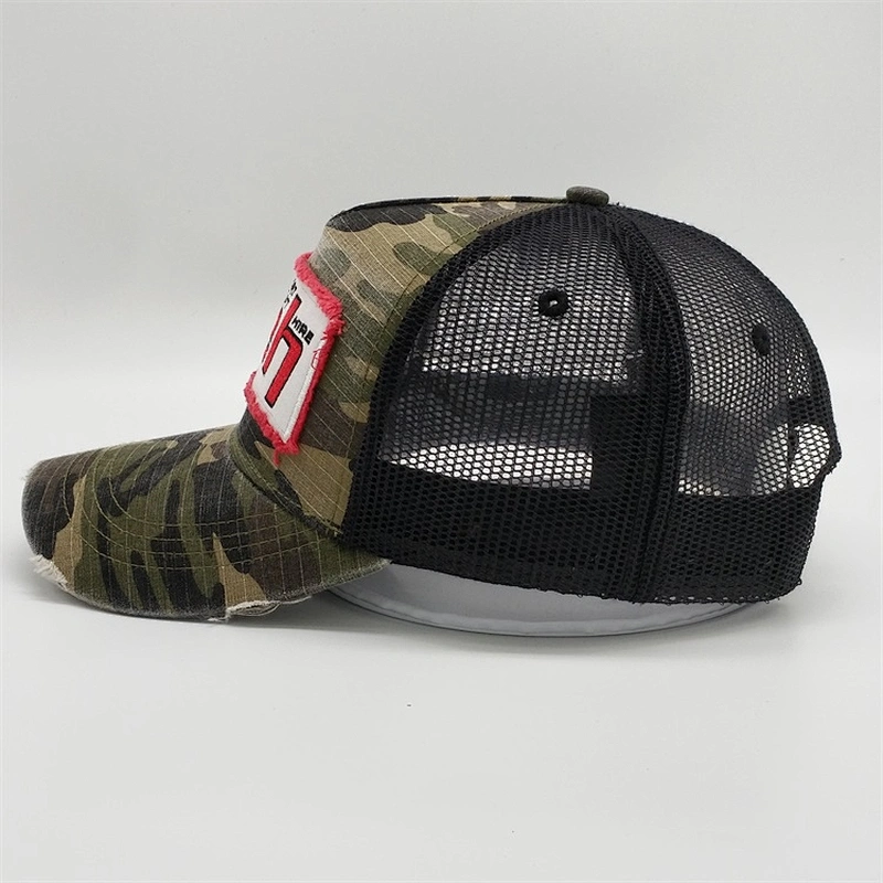 Wholesale Custom Distressed Camouflage Trucker Cap,Vintage Patch Embroidery Design Snapback Cap,Worn-out Camo Trucker Mesh Hat