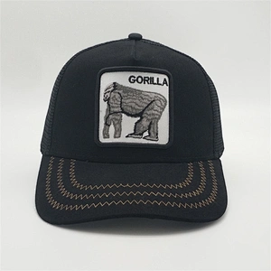 New Style Black 5panel Curve Bill Stone Mesh Snapback Animal Trucker Hat Cap With Custom Gorilla Logo Embroidery Patch