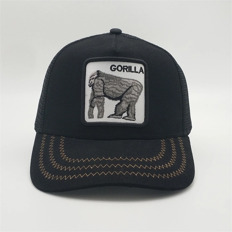 New Style Black 5panel Curve Bill Stone Mesh Snapback Animal Trucker Hat Cap With Custom Gorilla Logo Embroidery Patch