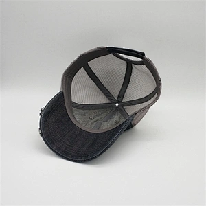 Custom 6 Panel Cheap Embroidery Distressed Brim Denim Mesh Trucker Cap Hat