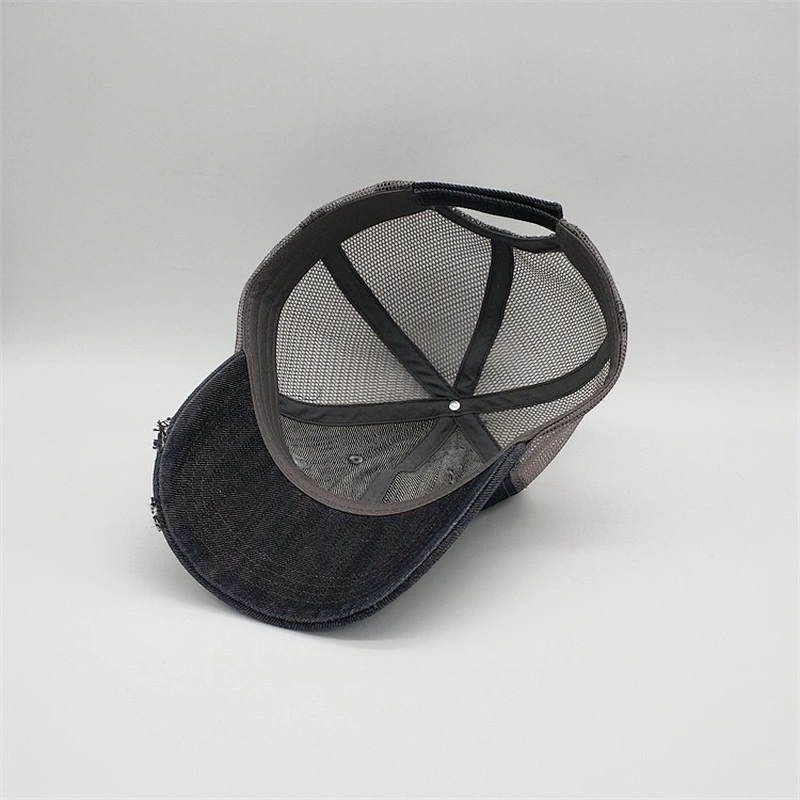 Custom 6 Panel Cheap Embroidery Distressed Brim Denim Mesh Trucker Cap Hat