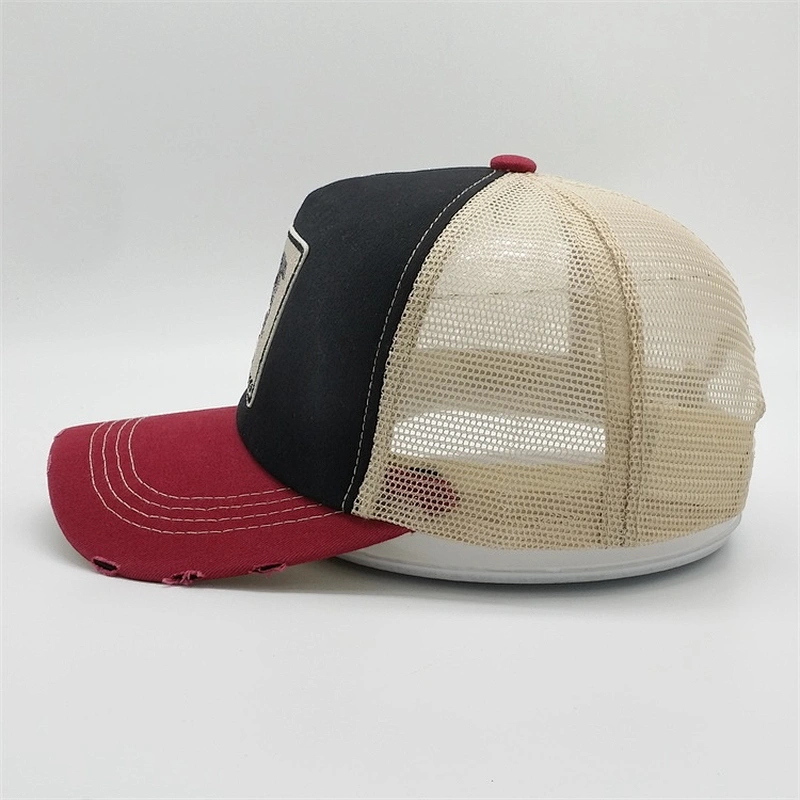 Customized 5 Panel Dog Embroidered Animal Patch Worn Out Mesh Distressed Brim Hats Trucker Cap With Double Snap Back