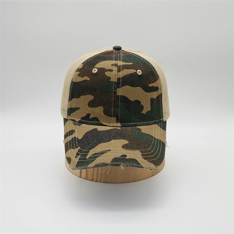 Custom Design Distressed Brim 6 Panel Cheap Mesh Blank Camo Trucker Baseball Cap Hats