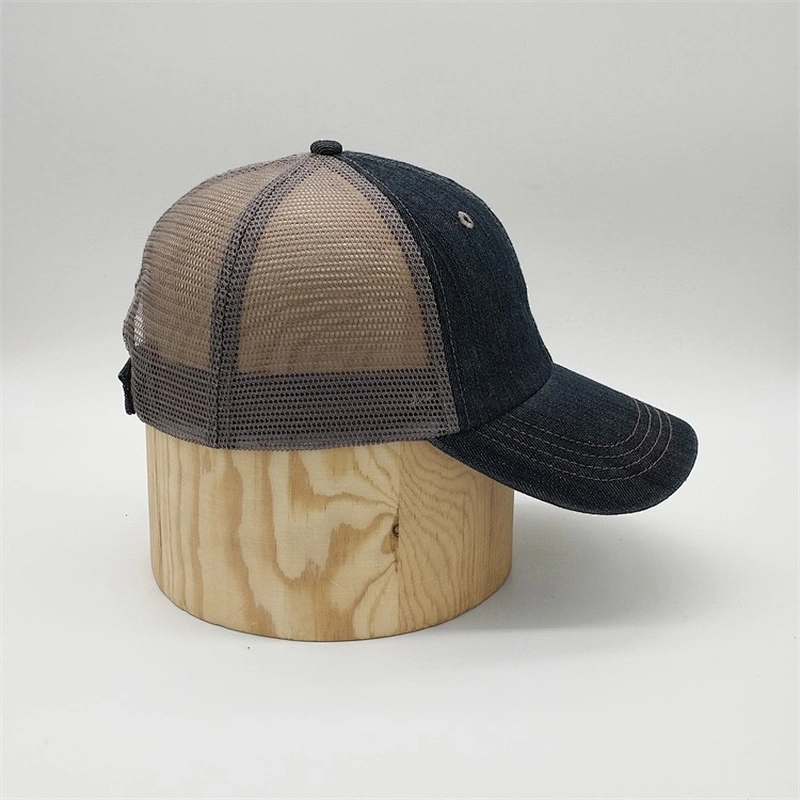 Custom 6 Panel Cheap Embroidery Distressed Brim Denim Mesh Trucker Cap Hat