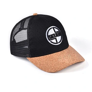Factory Price Custom Black Mesh Snapback Cap 3d Puff Embroidery Wooden Cork Bill Trucker Hat With Logo