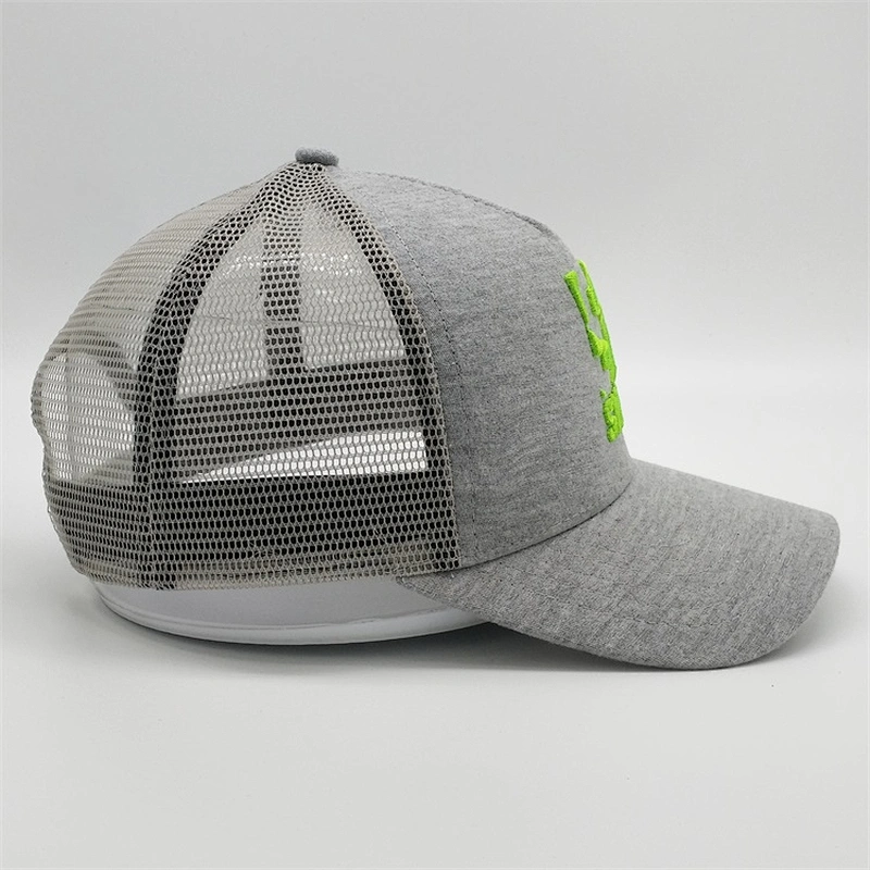Plain Knitting Fabric Trucker Caps,Nylon Green 3d Embroidery Logo Caps,Customized 5 Panels Light Gray Trucker Hats