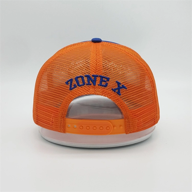New Wholesale Custom Orange Mesh Trucker Hat,6 Panel Blue Baseball Hats,3D Embroidery Logo Sports Cap