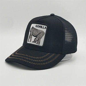 New Style Black 5panel Curve Bill Stone Mesh Snapback Animal Trucker Hat Cap With Custom Gorilla Logo Embroidery Patch