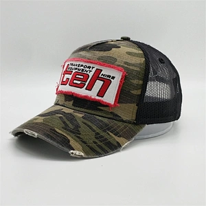 Wholesale Custom Distressed Camouflage Trucker Cap,Vintage Patch Embroidery Design Snapback Cap,Worn-out Camo Trucker Mesh Hat