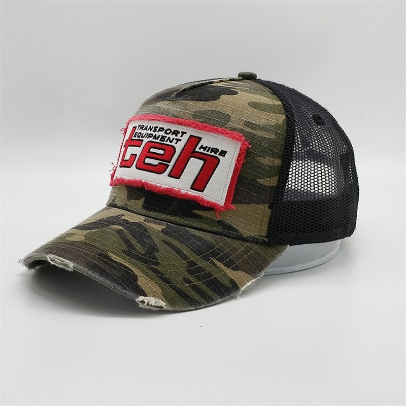 Wholesale Custom Distressed Camouflage Trucker Cap,Vintage Patch Embroidery Design Snapback Cap,Worn-out Camo Trucker Mesh Hat