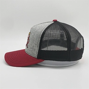 2019 Wholesale Customized 6 Panel Heather Grey 3D Embroidery Pre Curved Red Brim Black Mesh Cap Trucker Hat