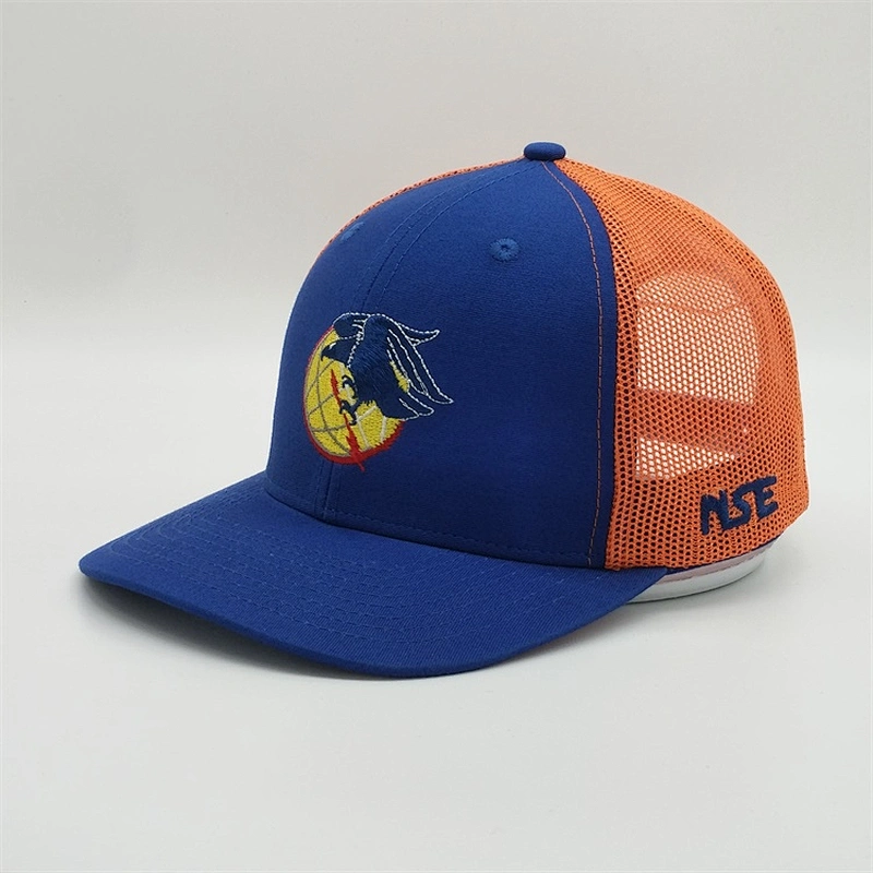 Wholesale Summer Custom Embroidery Logo Royal Blue Baseball Hat Neon Orang Trucker Mesh Snapback Cap With Your Logo