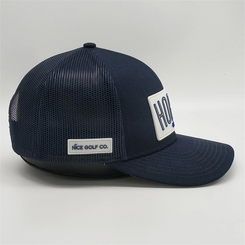 Navy Blue Adjustable Customised Rubber Patch Logo Snapback Hats Trucker Caps With Pvc Patch