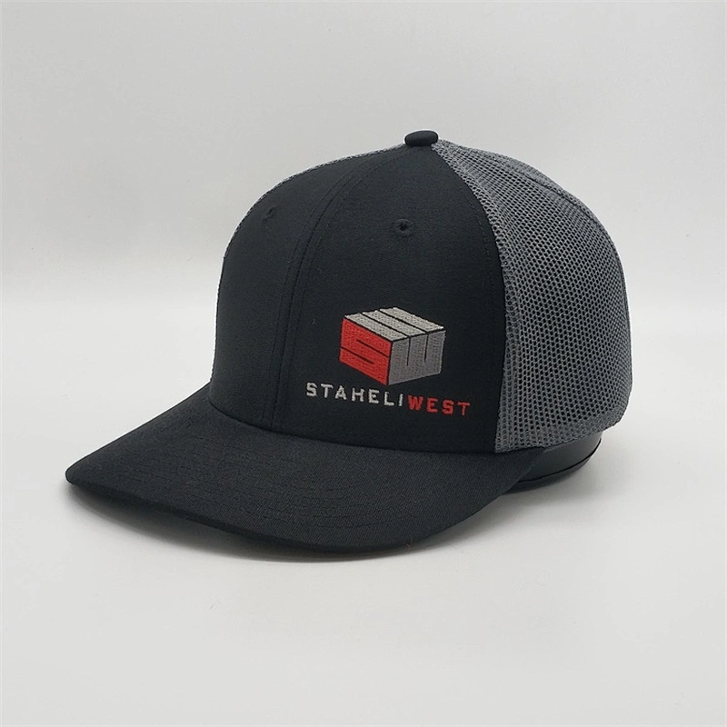 Wholesale High Quality Customised 6 Panel Black Embroidered Logo Grey Mesh Trucker Hat Baseball Cap
