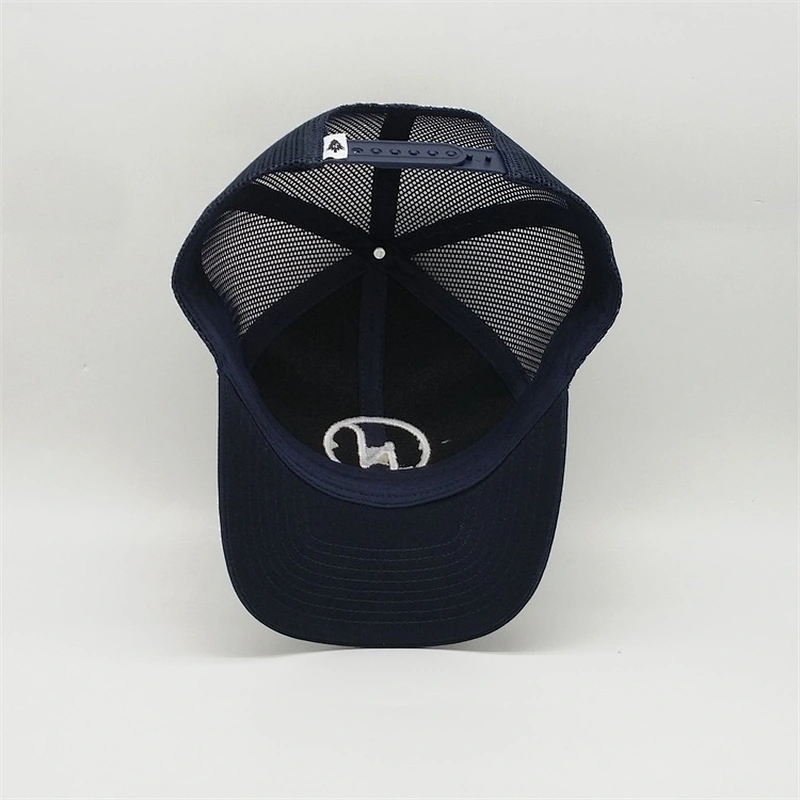 High Quality Navy Blue Trucker Snapback,  White 3D Embroidered Logo Mesh Caps Hat ,  Cotton PVC Rubber Patch Hat