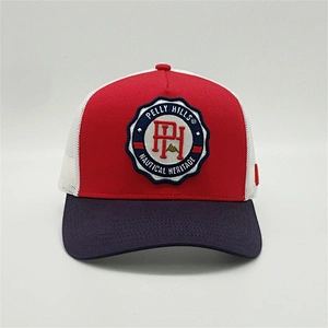 Custom 5 Panel 3d Puff Embroidery Logo Snapback Cap Red White Navy Blue Trucker Hat With Patch