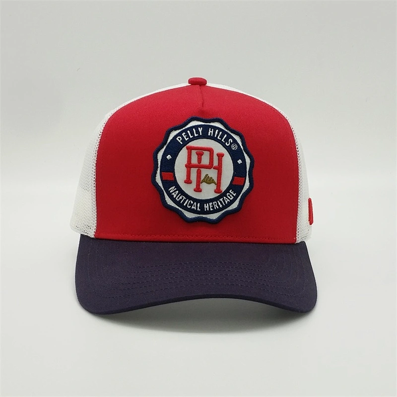 Custom 5 Panel 3d Puff Embroidery Logo Snapback Cap Red White Navy Blue Trucker Hat With Patch