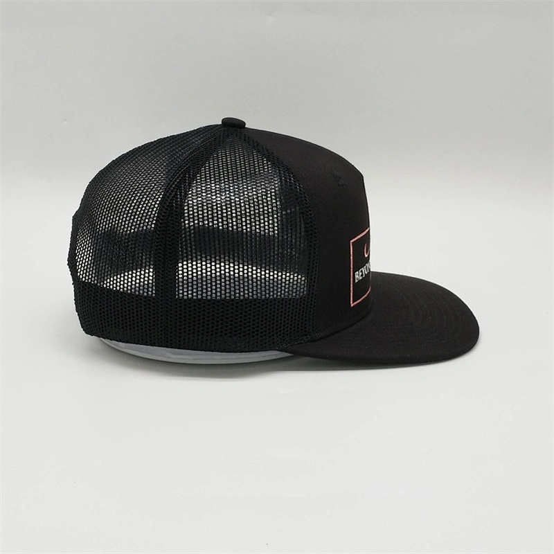 Custom  5 Panel Plain Flat Short Bill  Black Trucker Hats , High Quality Trucker Hats ,  100% Cotton Mesh Trucker Caps
