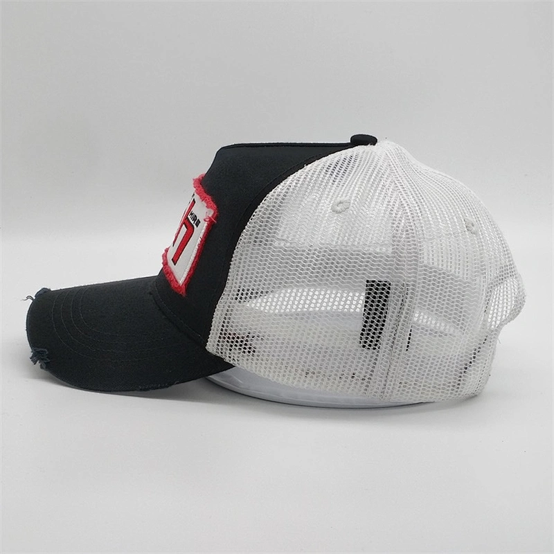 Vintage Custom High Crown Trucker Cap,Embroidery Black And White Snapback Caps,Wash Cotton Blank Distress Patch Trucker Hat