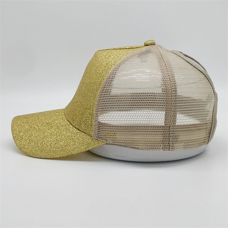 Fashion Custom Blank Performance Bling 5 Panel Ponytail Baseball Cap Mesh Gold Sequin Trucker Hat For Woman
