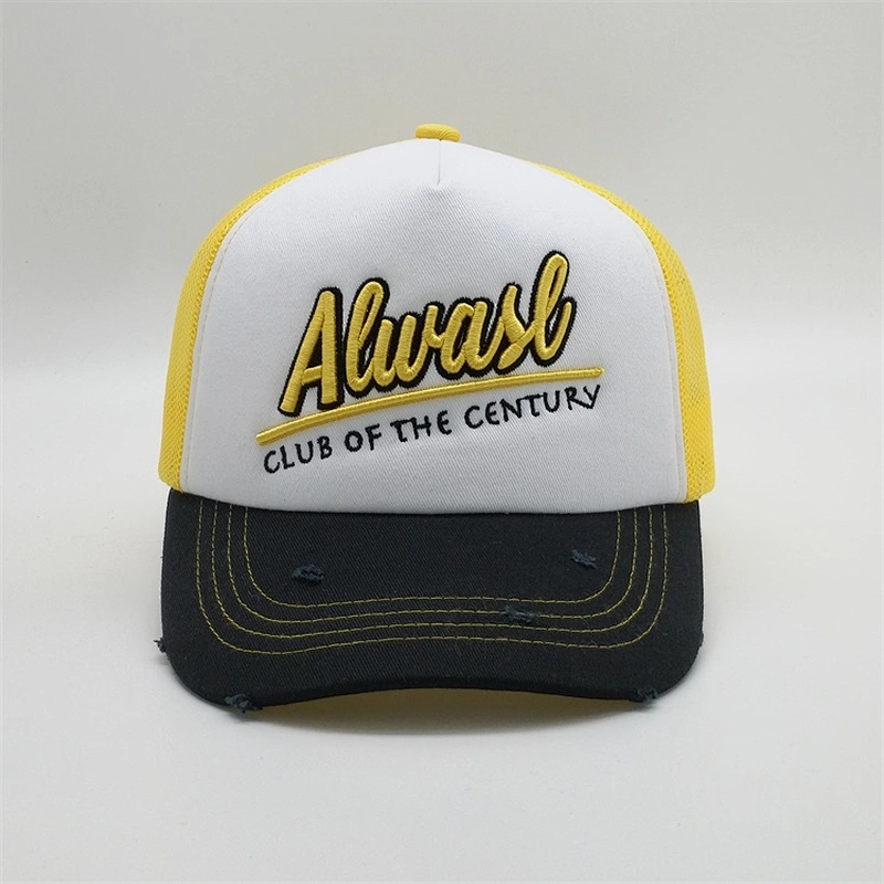 High Quality Custom Foam Trucker Hats,5 Panel Foam Yellow Plain Snapback Caps,Worn-out 3d Embroidery Distressed Trucker Hats