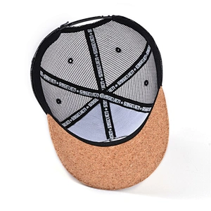 Factory Price Custom Black Mesh Snapback Cap 3d Puff Embroidery Wooden Cork Bill Trucker Hat With Logo
