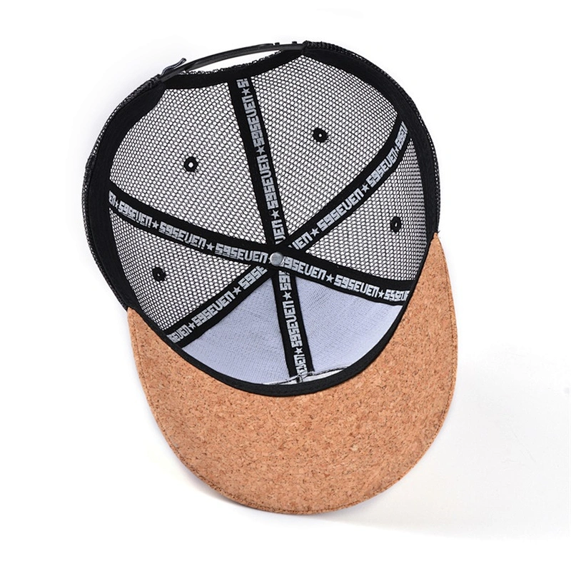 Factory Price Custom Black Mesh Snapback Cap 3d Puff Embroidery Wooden Cork Bill Trucker Hat With Logo