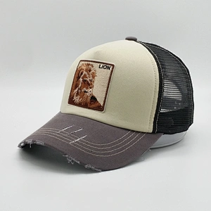 Customized 5 Panel Dog Embroidered Animal Patch Worn Out Mesh Distressed Brim Hats Trucker Cap With Double Snap Back