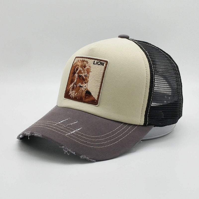 Customized 5 Panel Dog Embroidered Animal Patch Worn Out Mesh Distressed Brim Hats Trucker Cap With Double Snap Back
