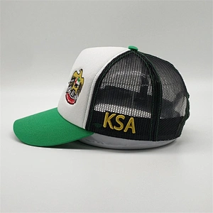 New Style Custom Foam 5 Panel Gold  Embroidery Green Trucker Hat Mesh Snapback Cap With Countri Fla